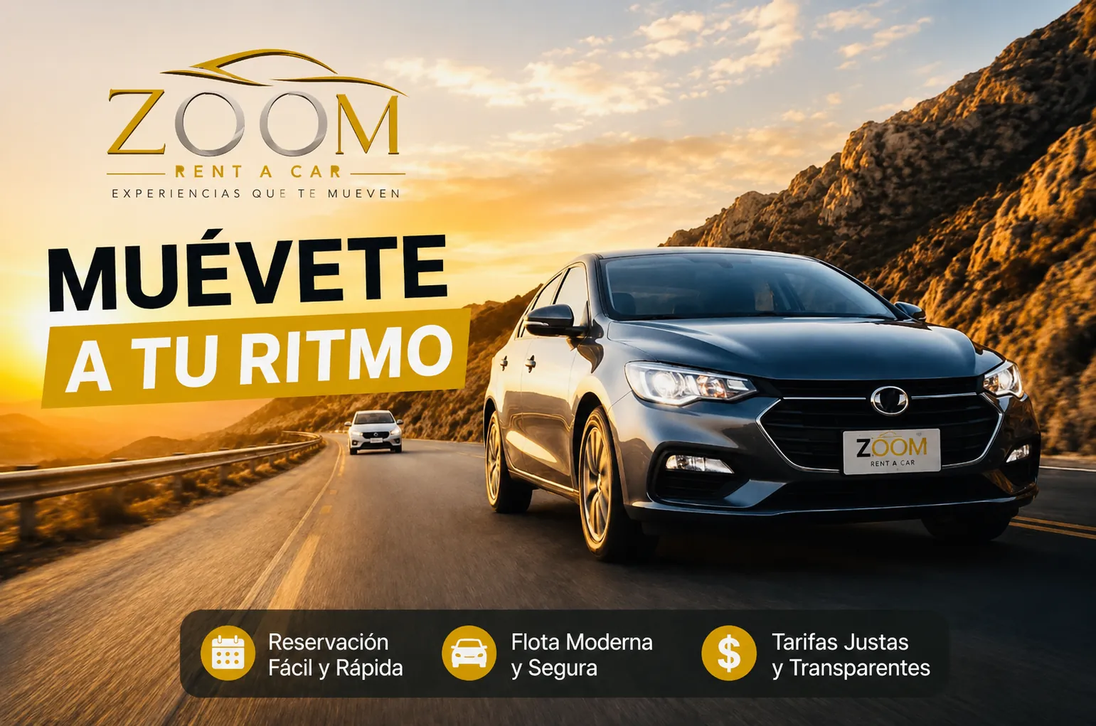 Póster principal de ZOOM Rent a Car con vehículo en carretera y mensaje Muévete a tu ritmo
