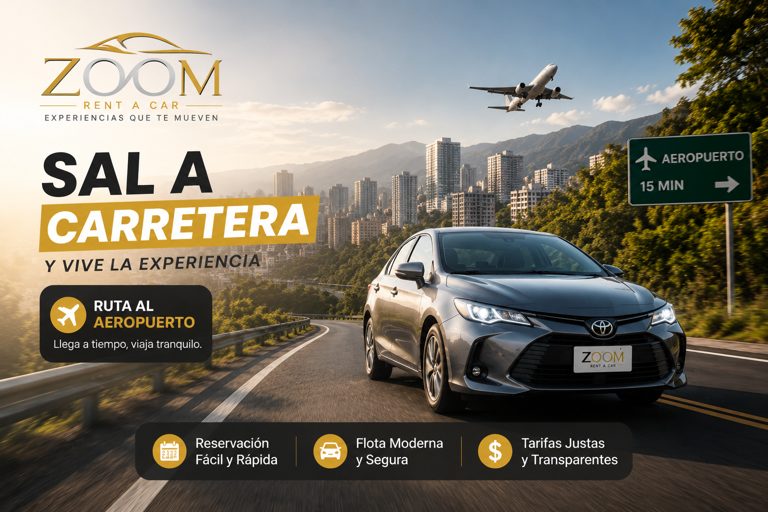 Pieza promocional de ZOOM Rent a Car con ruta al aeropuerto