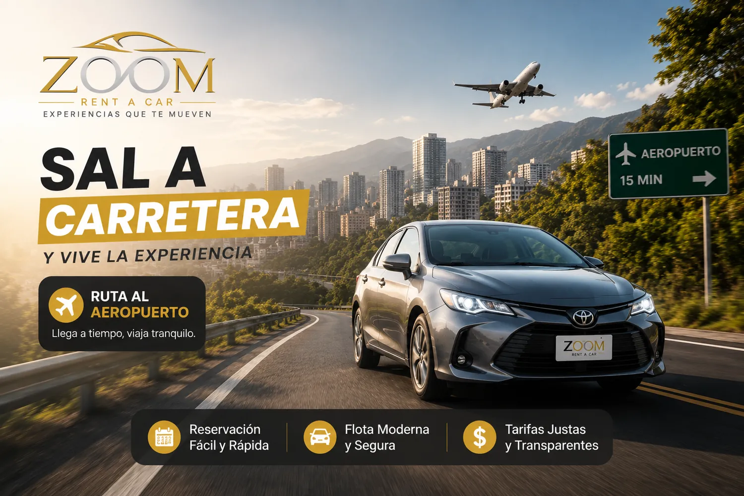 Pieza promocional de ZOOM Rent a Car con ruta al aeropuerto